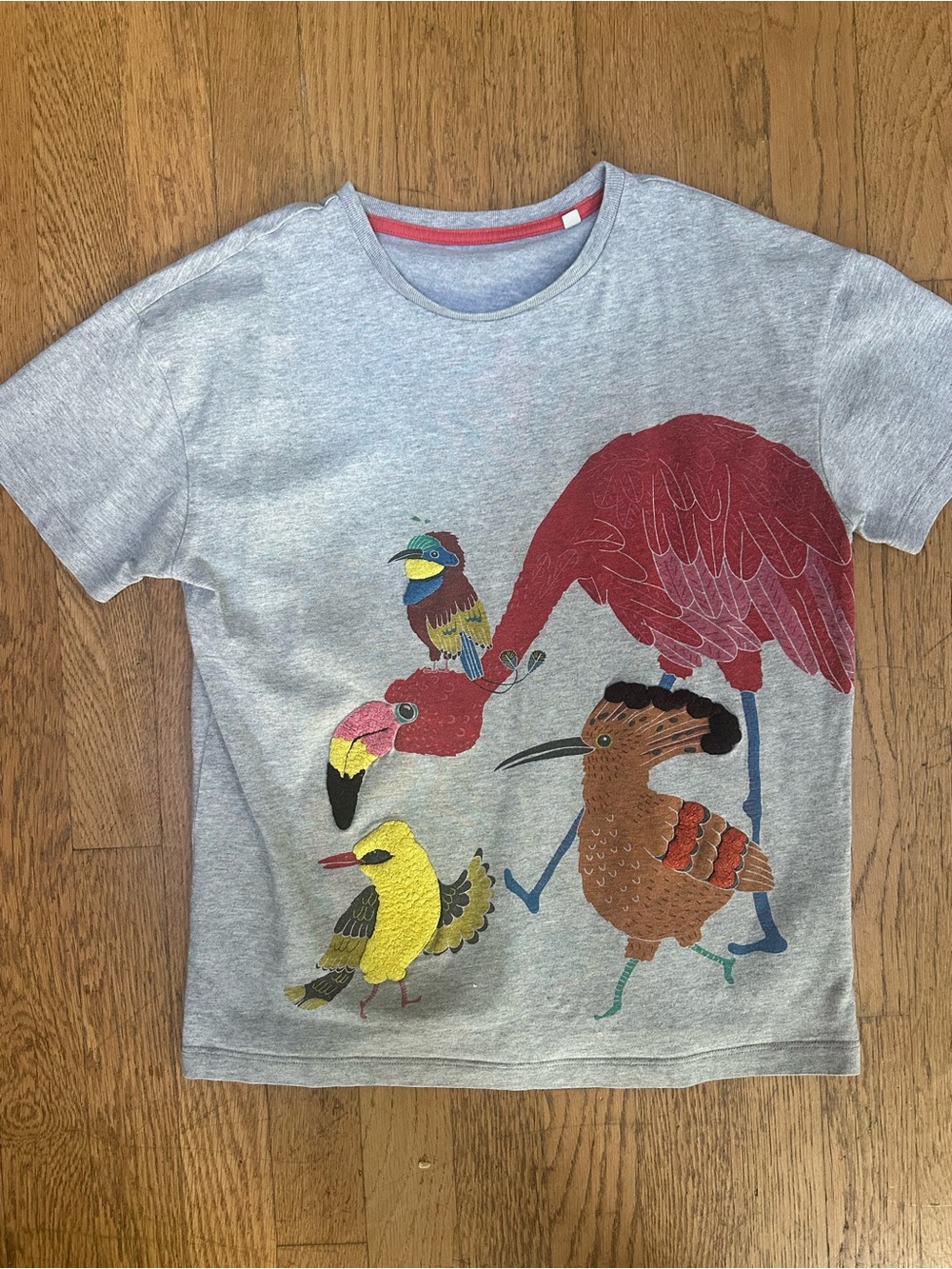 Boden Gray Tee with Colorful Bird Parade
